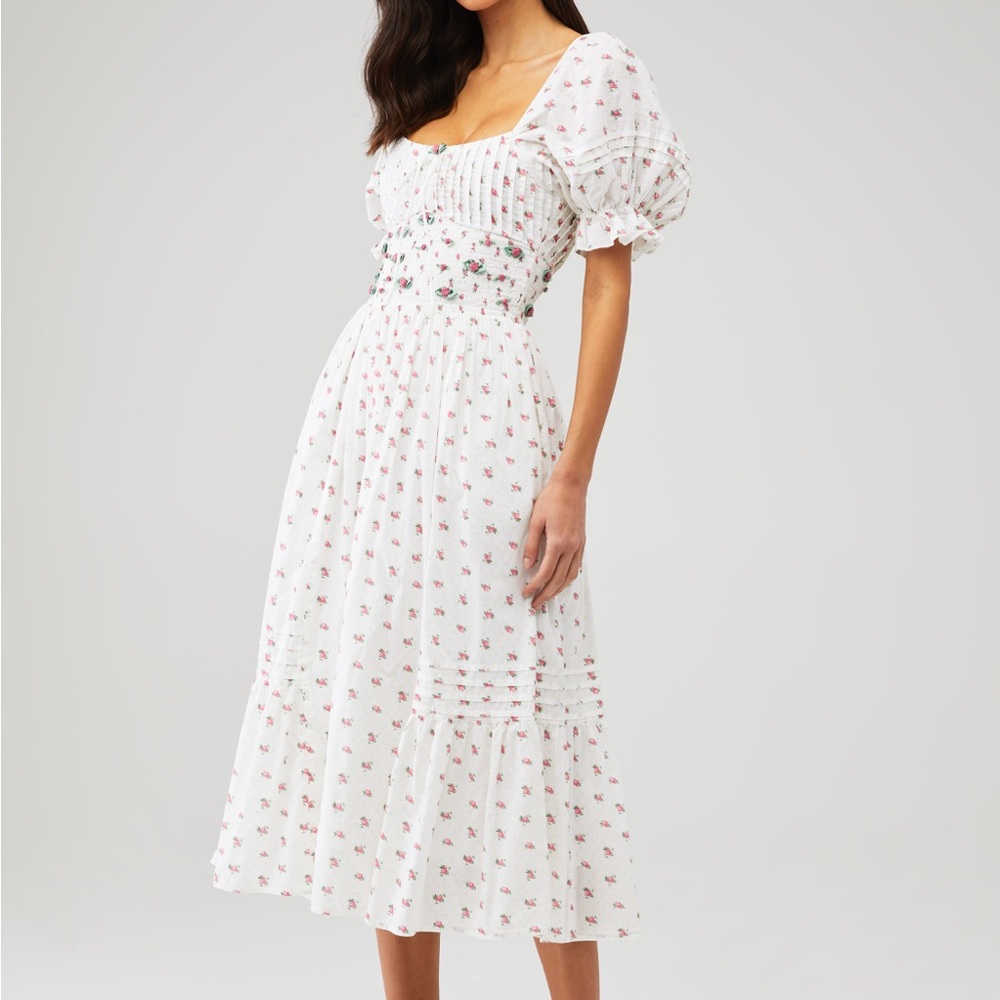 For Love & Lemons White Midi Dress with Pink Floral Print